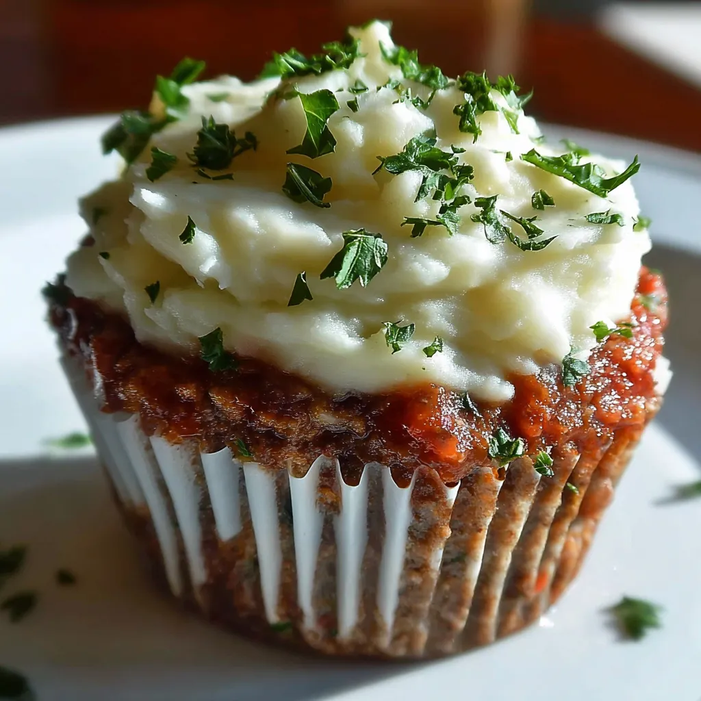 A cupcake with meatloaf and whipped potatoes on top.