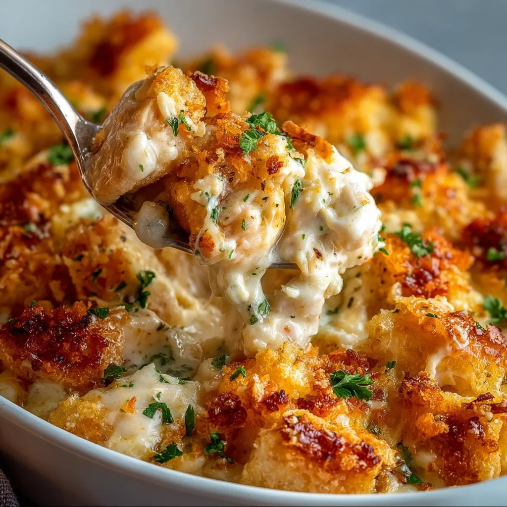 A white bowl filled with crack chicken casserole.