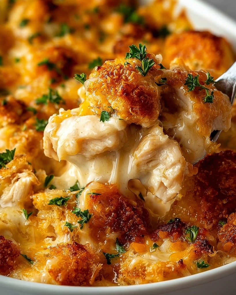 A close up of a delicious crack chicken casserole.