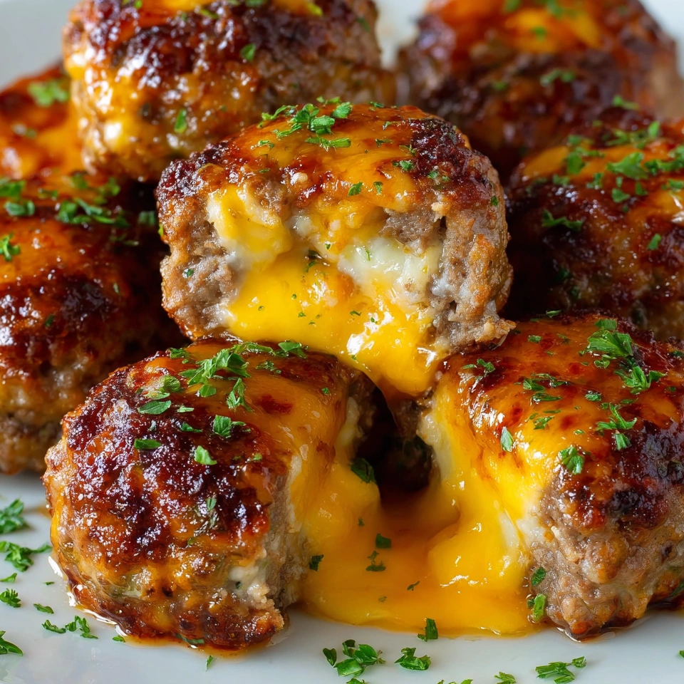 Cheesy meatballs on a plate.