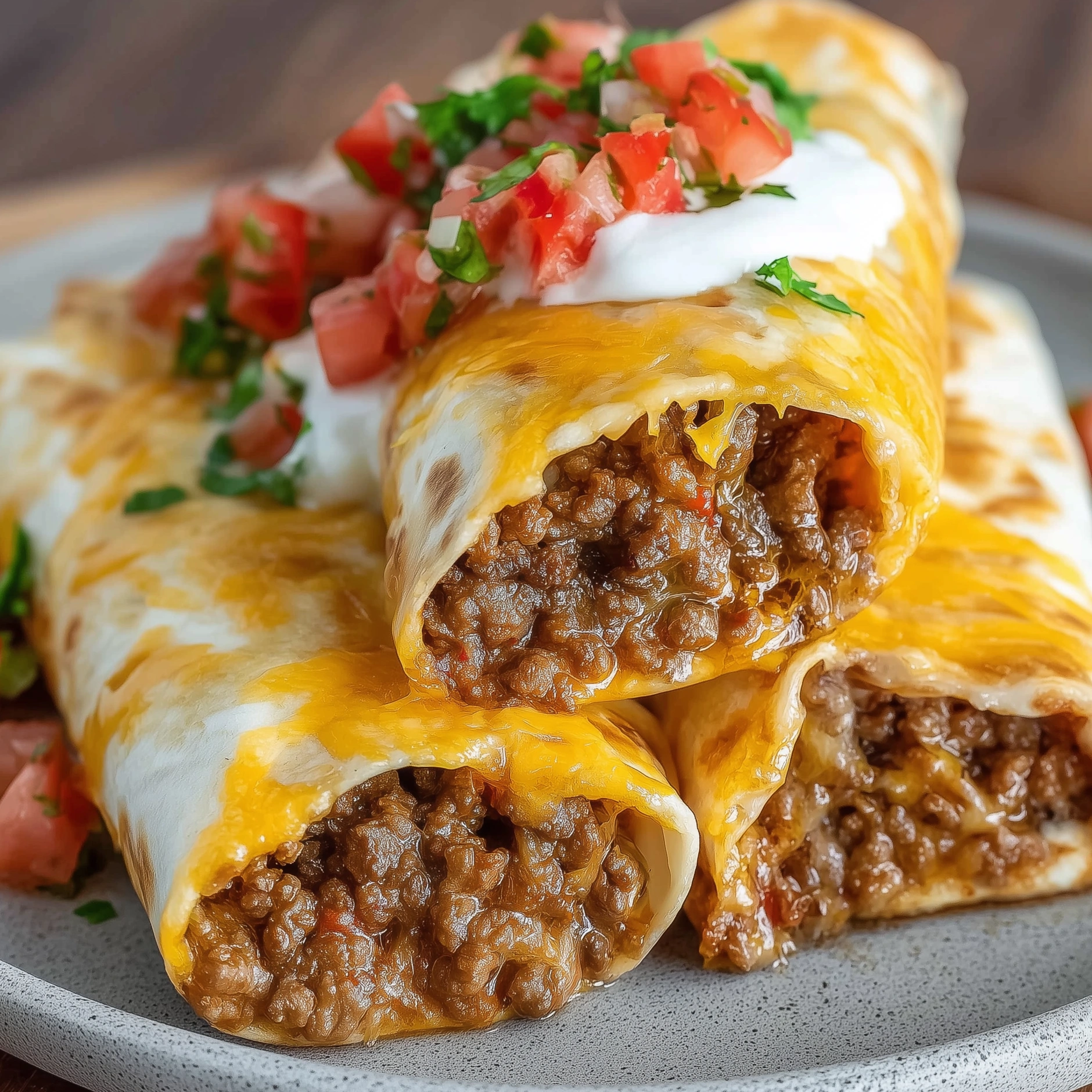 A plate of beef meximelt cheesy taco.