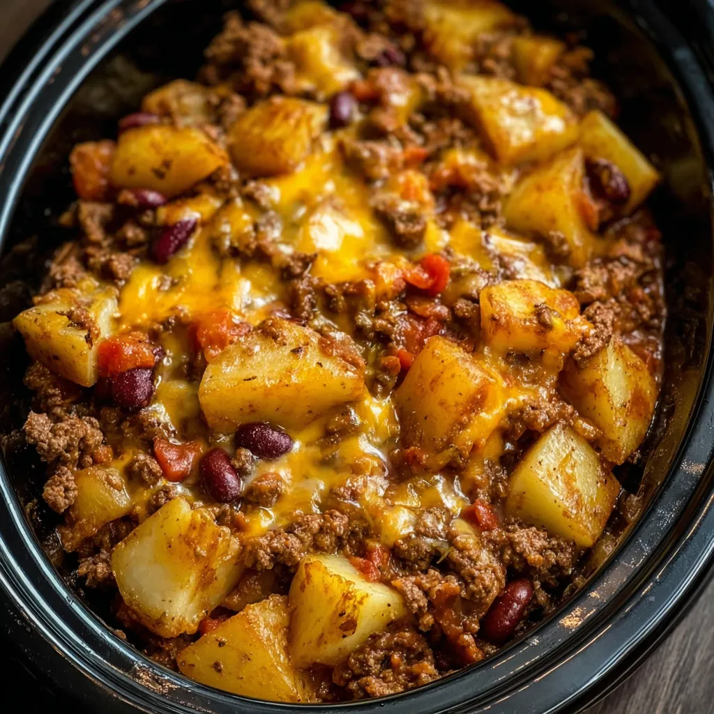 A slow cooker filled with a cowboy casserole.