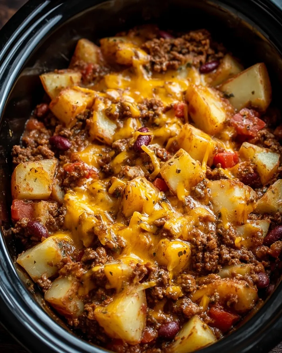 A close up of a slow cooker cowboy casserole.