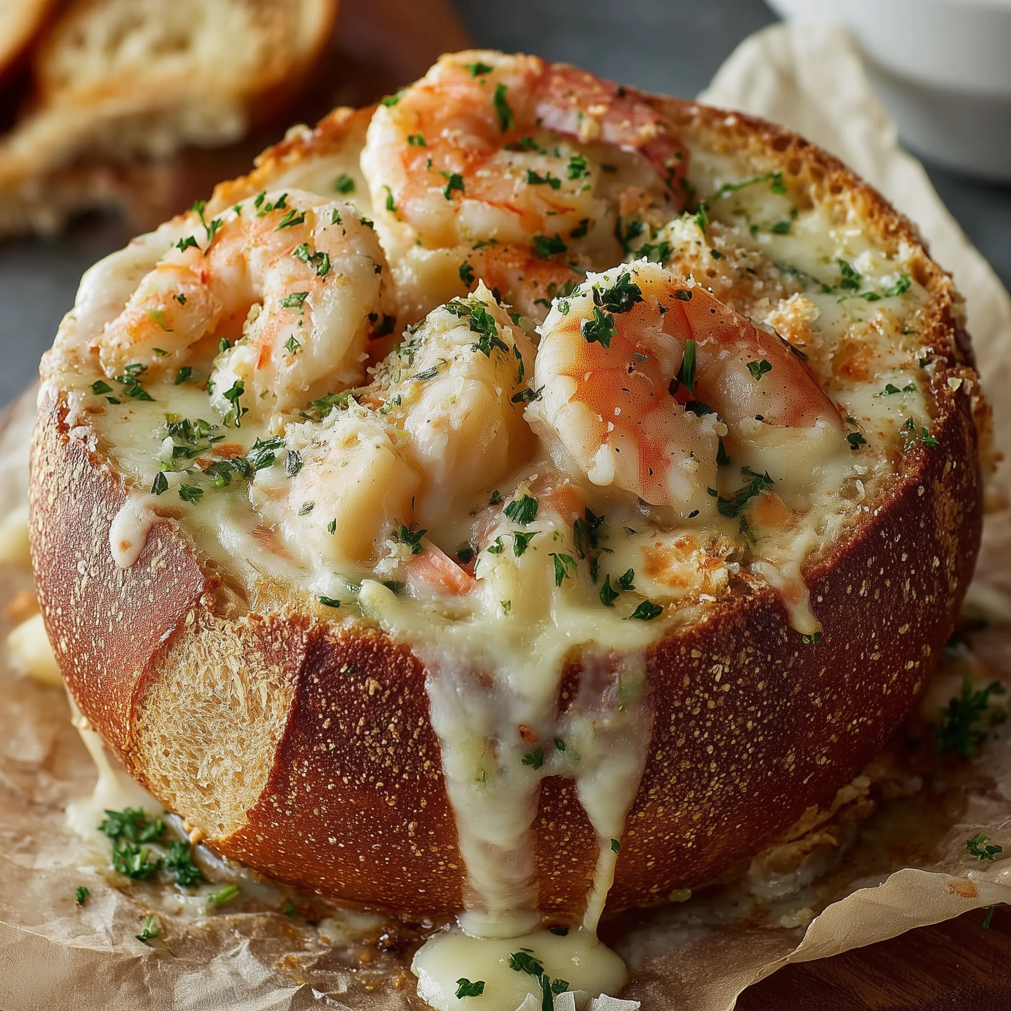 A stuffed seafood bread bowl with cheese and shrimp.