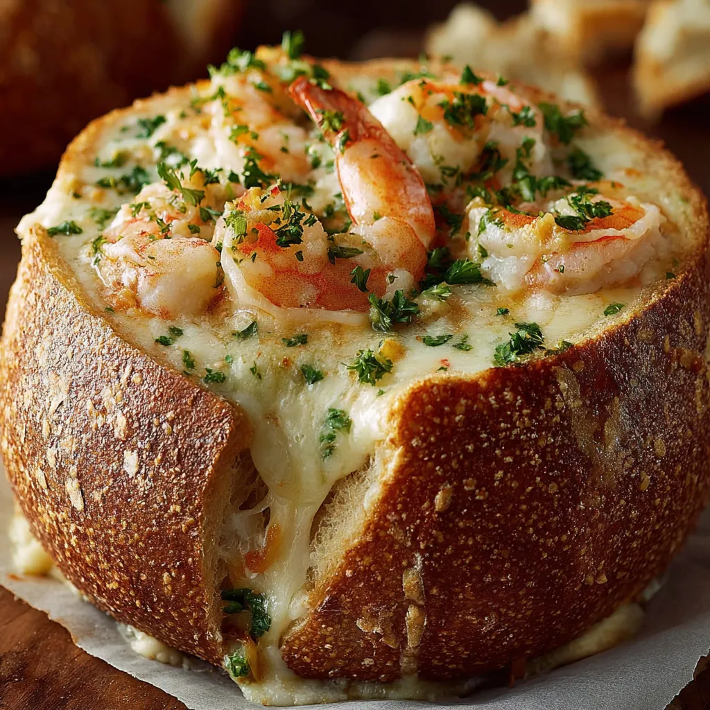A stuffed seafood bread bowl with shrimp and cheese.