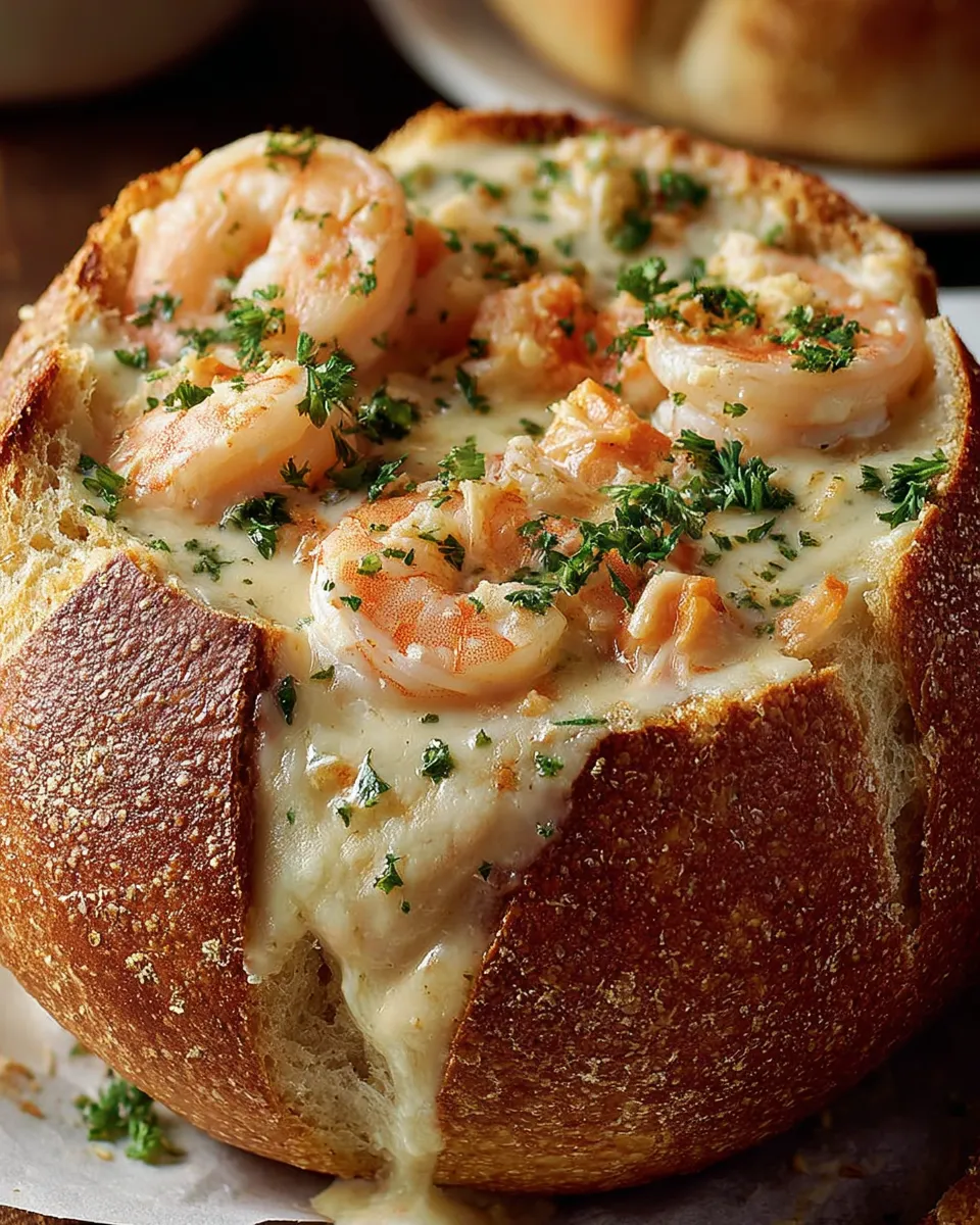 A stuffed seafood bread bowl with shrimp and cheese.