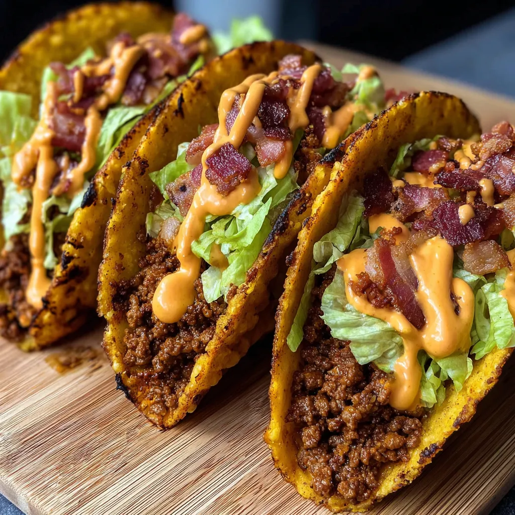 Two loaded bacon cheeseburger tacos on a wooden table.