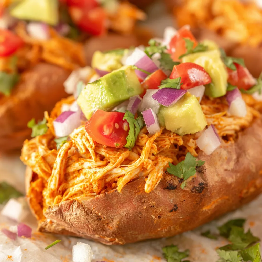 A dish of chicken enchilada stuffed sweet potatoes.