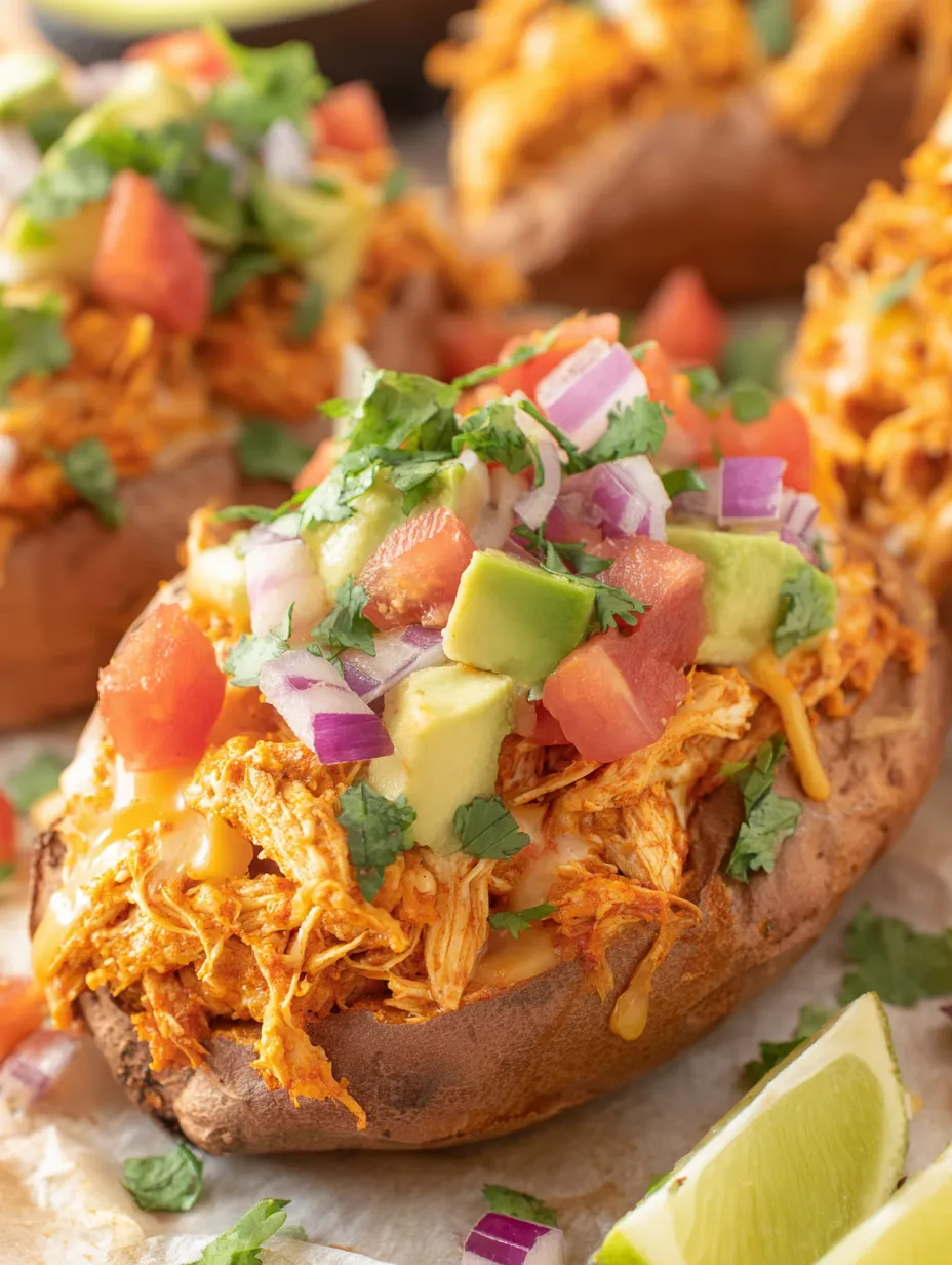 Sweet potatoes with chicken enchilada stuffing.