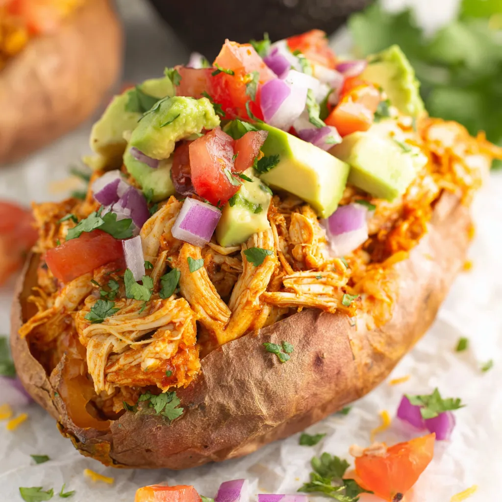 A sweet potato with chicken enchilada stuffed in it.