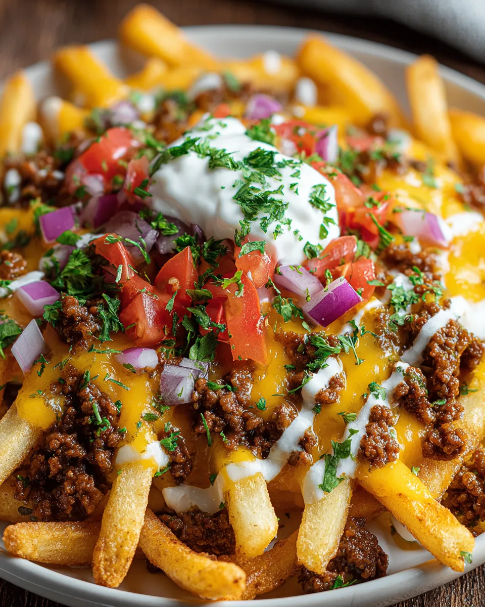 A plate of loaded cheese fries with beef.