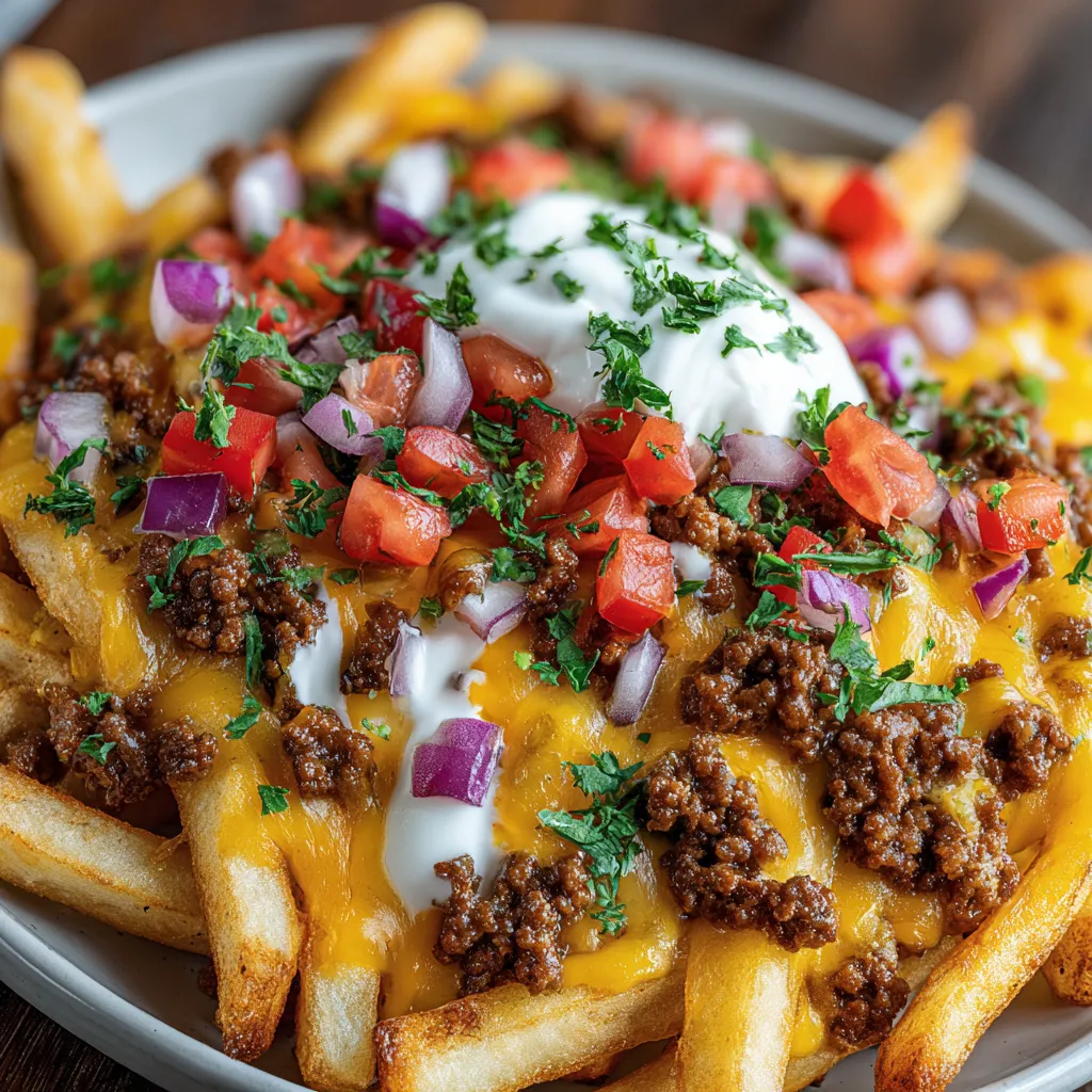 A plate of loaded cheese fries with beef.
