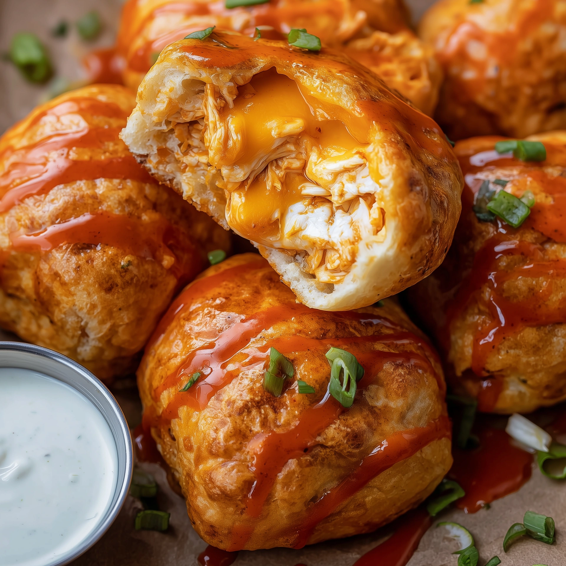 Buffalo chicken bombs with sauce.