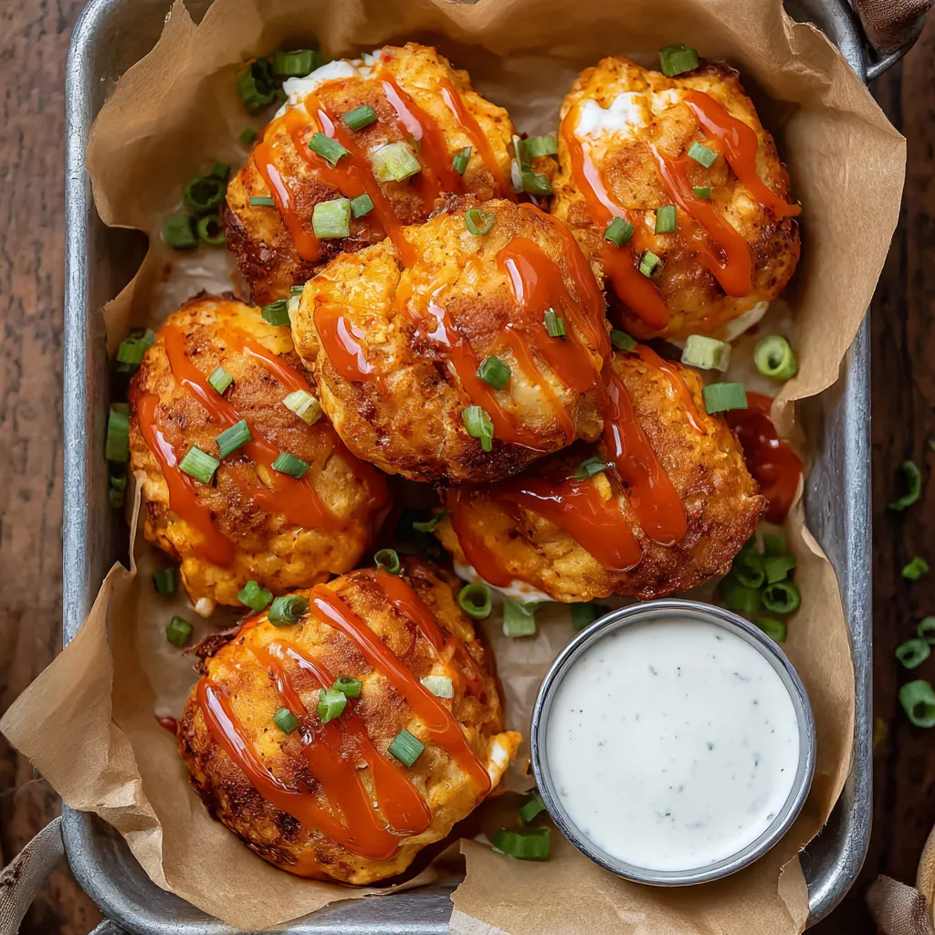 Buffalo chicken bombs in a pan.