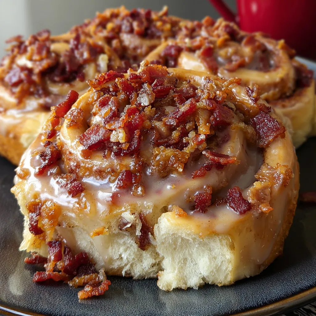 Maple bacon cinnamon rolls on a plate.