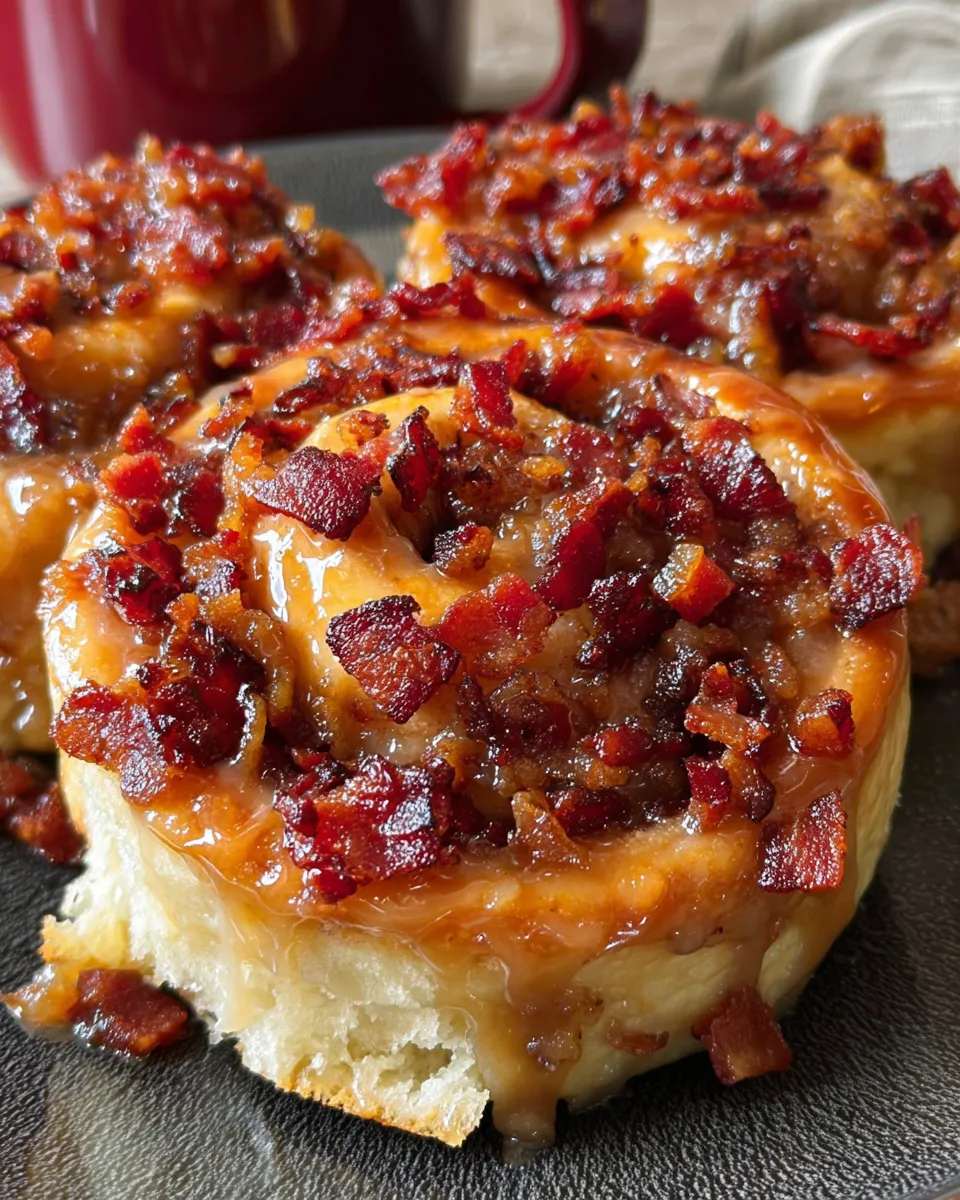 Maple bacon cinnamon rolls on a plate.