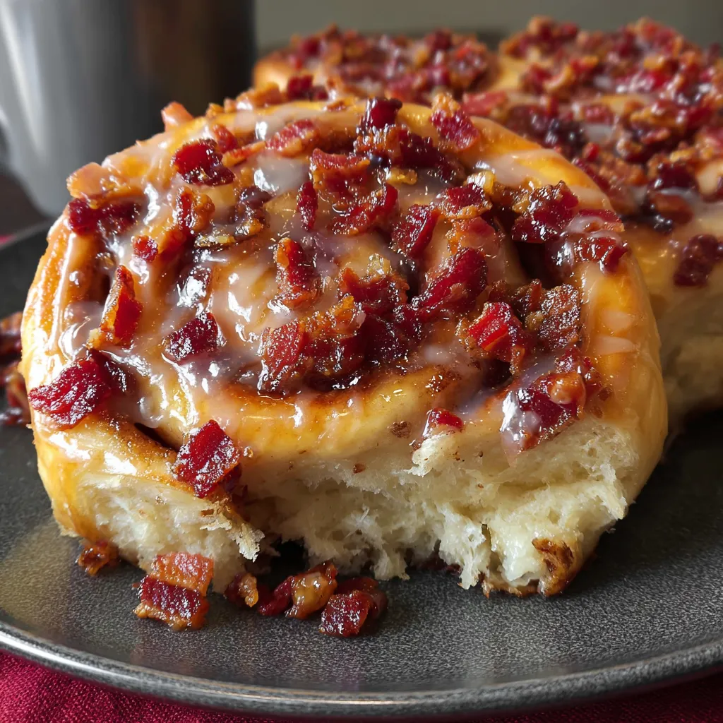 A plate of maple bacon cinnamon rolls.