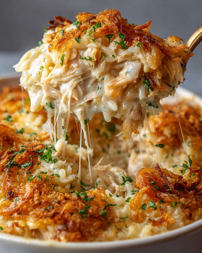 A close up of a French Onion Chicken Rice Casserole.