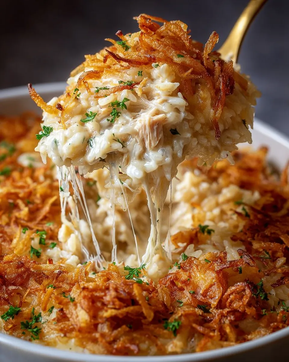 A close up of a French Onion Chicken Rice Casserole.