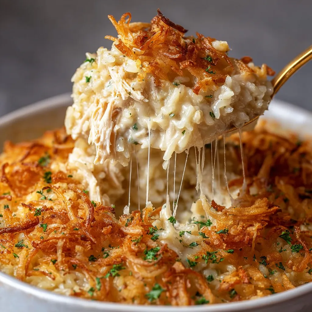 A bowl of French Onion Chicken Rice Casserole.