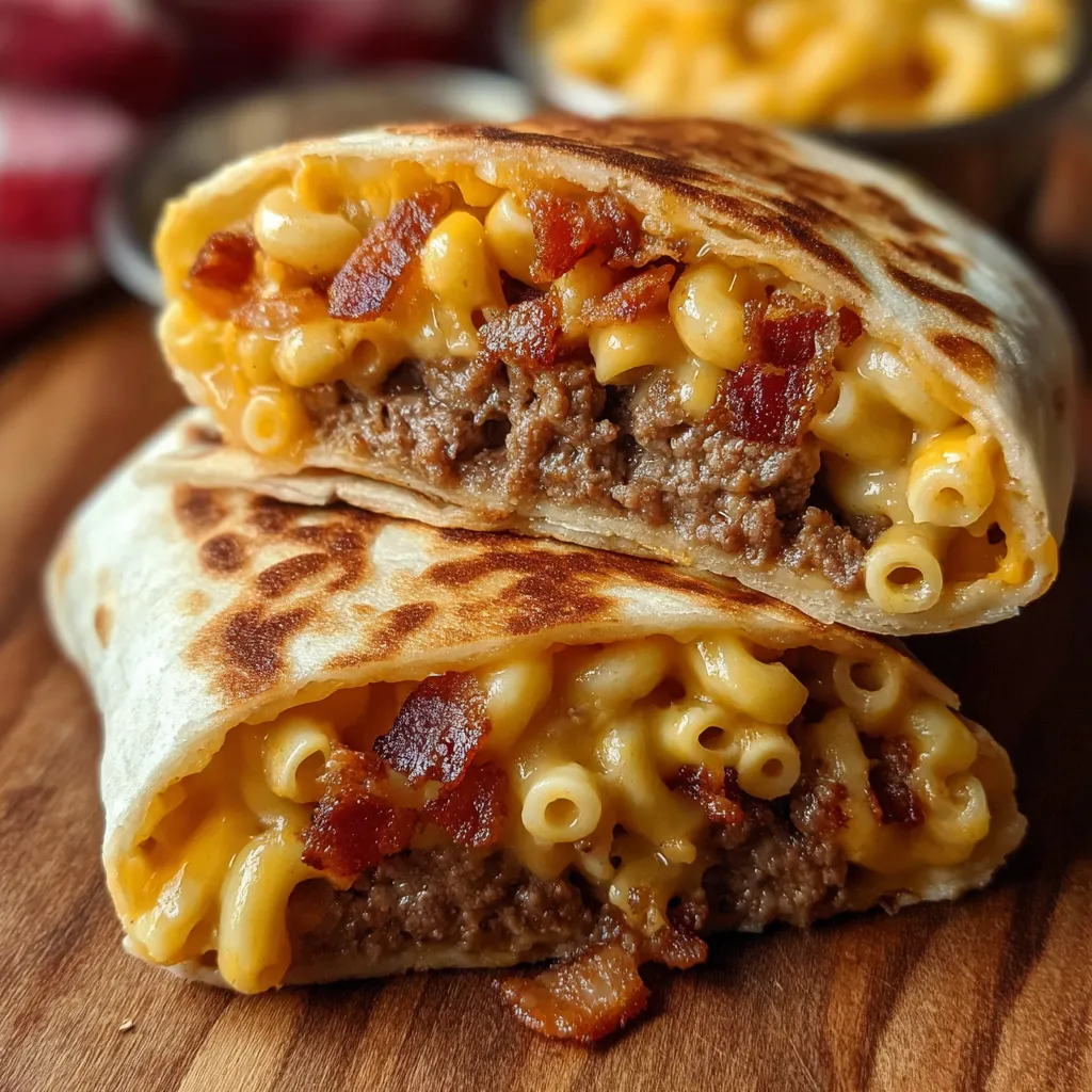 Two mac and cheese bacon rolls on a wooden table.