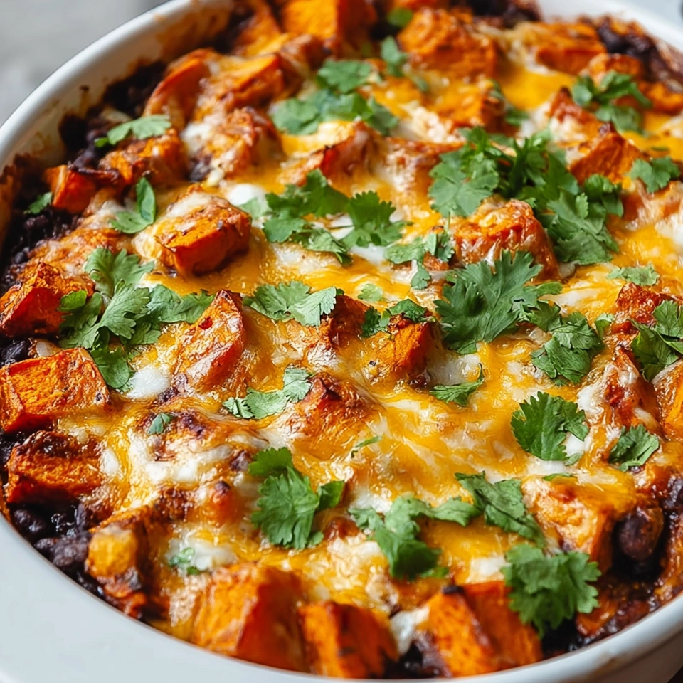 A dish with a sweet potato and black bean enchilada casserole.