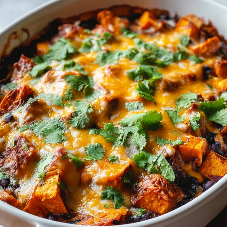 A dish of Sweet Potato and Black Bean Enchilada Casserole.