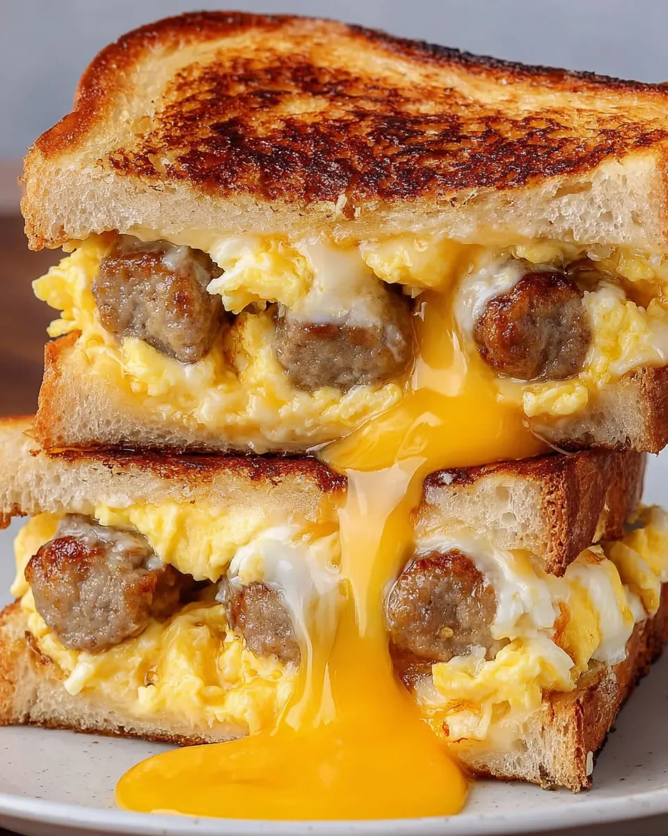 A grilled cheese sandwich with eggs and sausage.