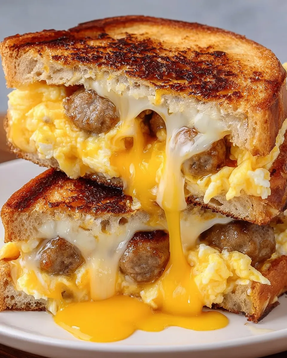 A grilled cheese sandwich with eggs and sausage.