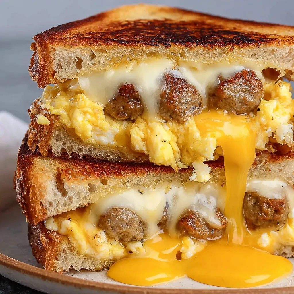 A grilled cheese sandwich with eggs and sausage.