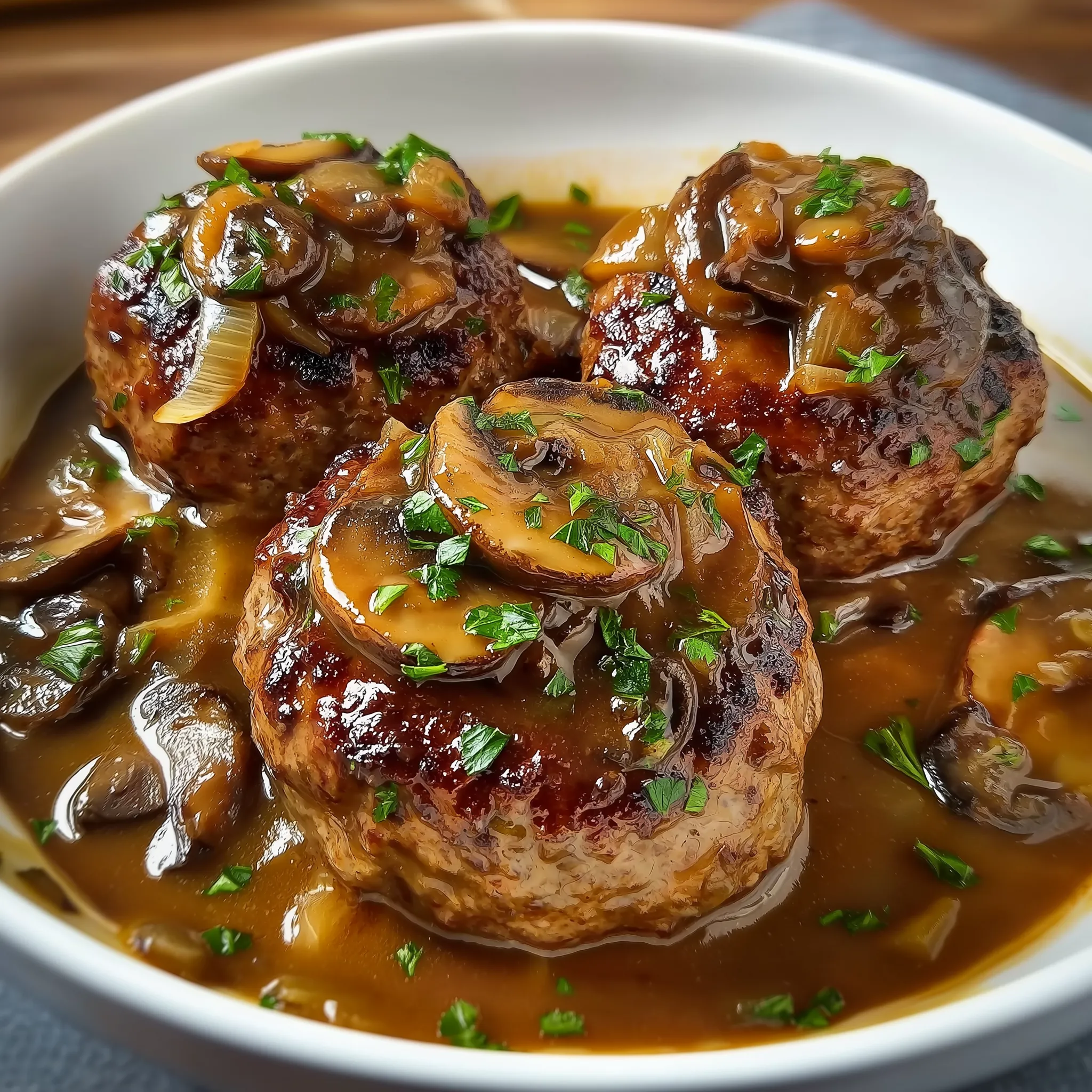 A bowl of meatballs in a brown sauce.