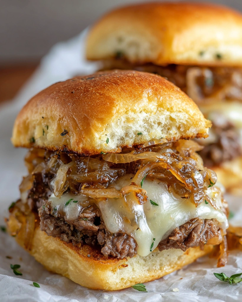 Two French Onion Beef Sliders on a white plate.