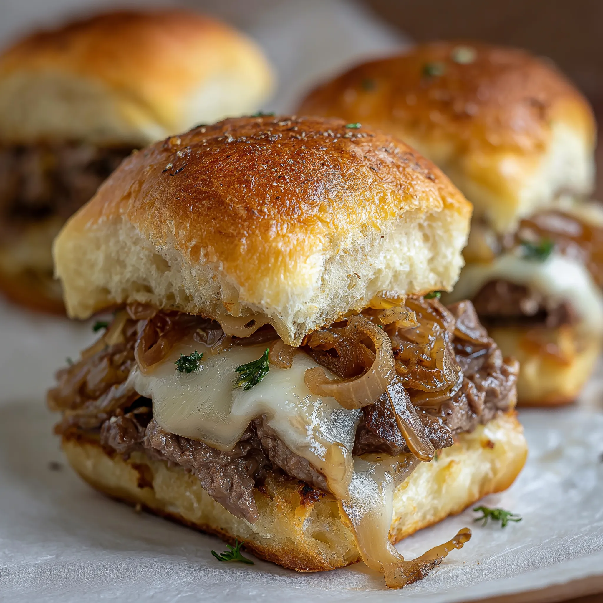 A close up of a beef slider with onions.