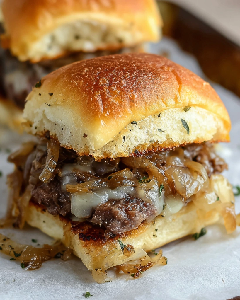 A close up of a beef slider with onions.