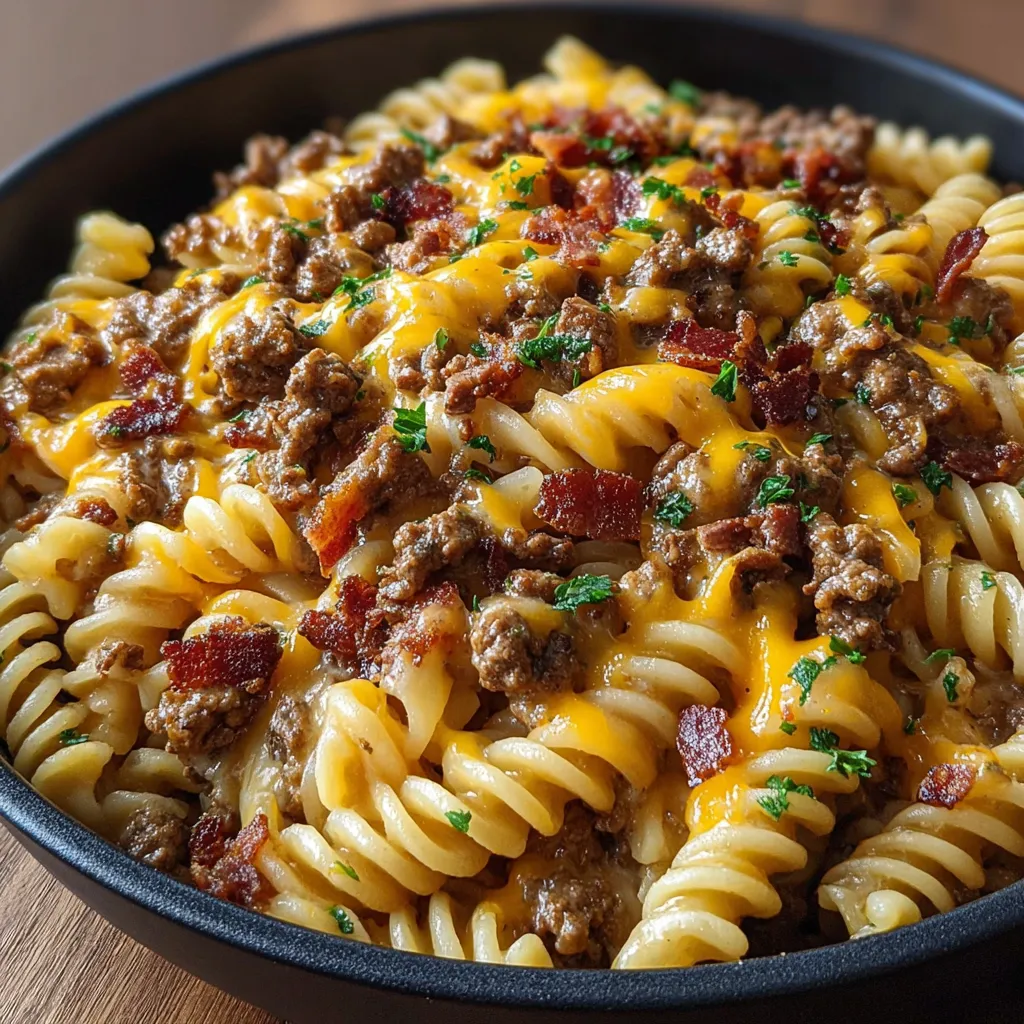 A bowl of pasta with bacon and cheese.