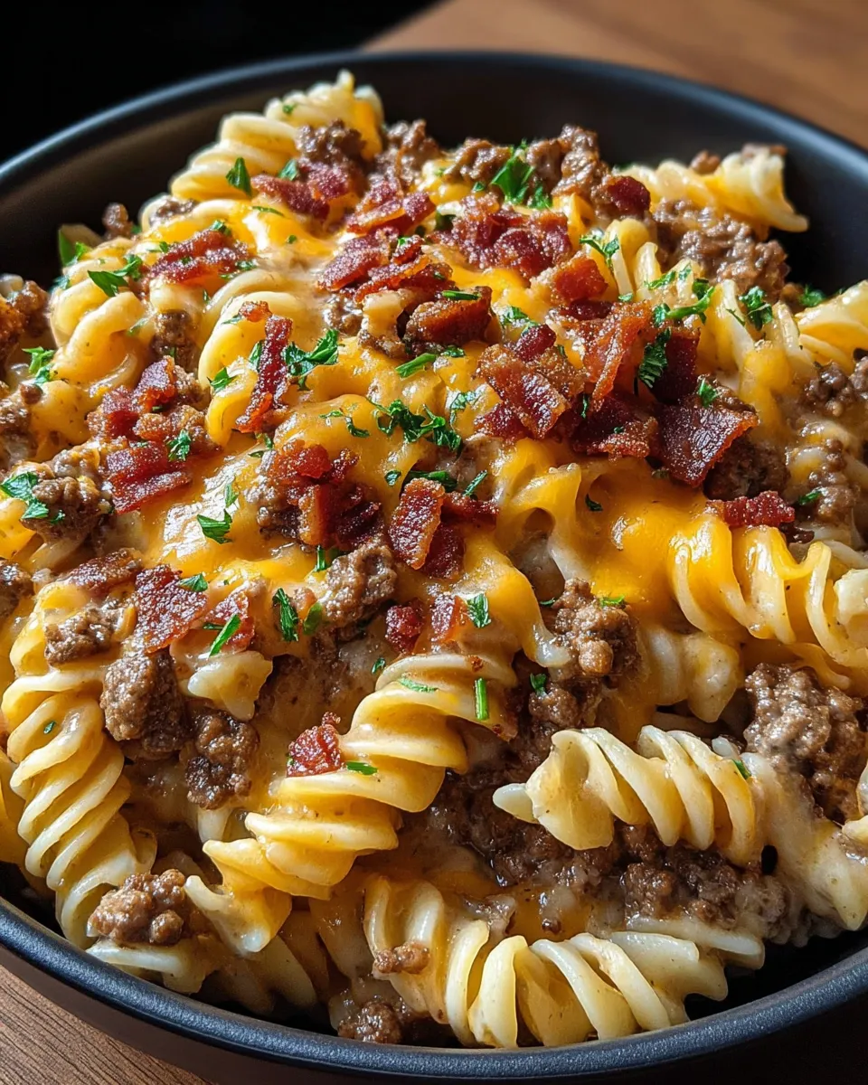 A bowl of pasta with bacon and cheese.