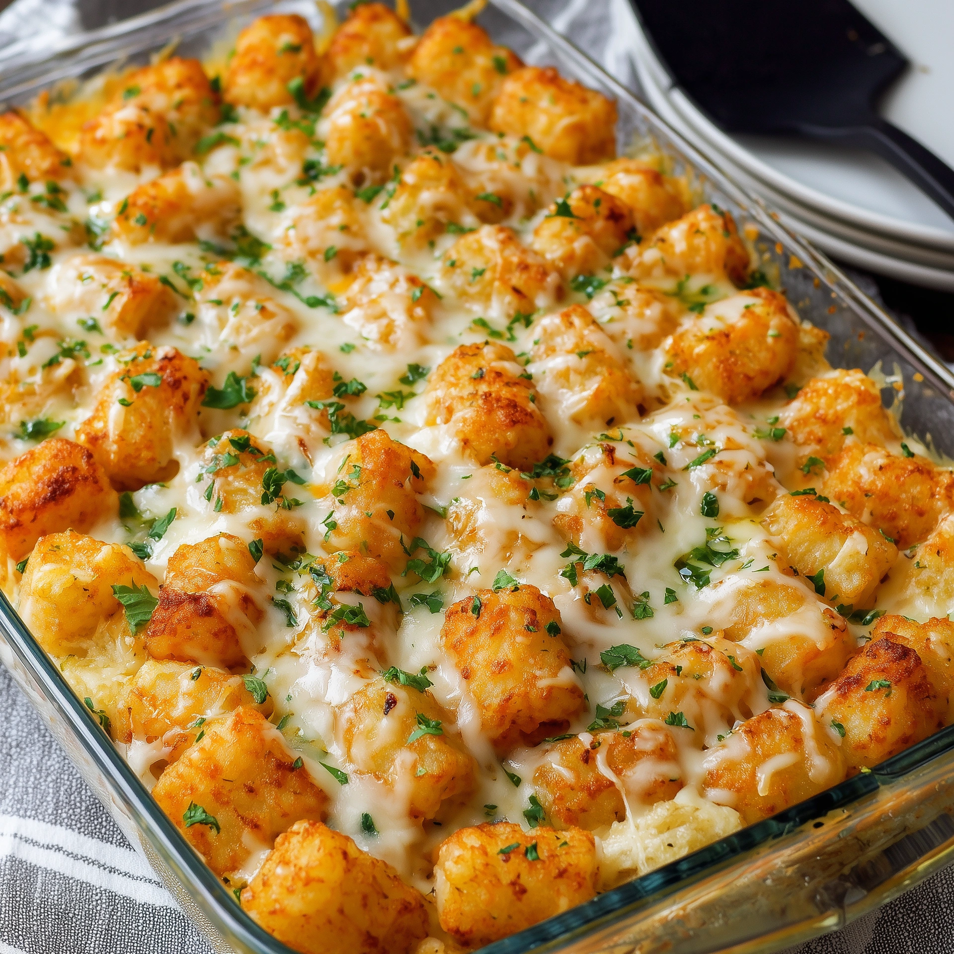 A dish of chicken alfredo tater tot casserole.