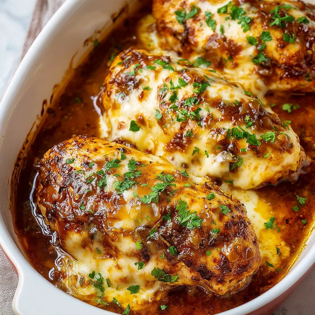 A bowl of French onion chicken breast.