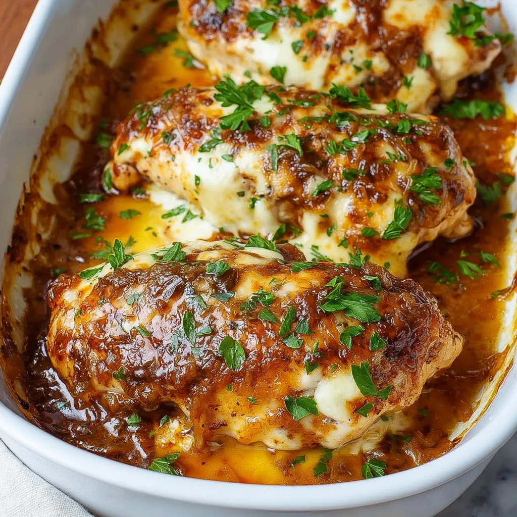 French onion chicken breast in a white bowl.