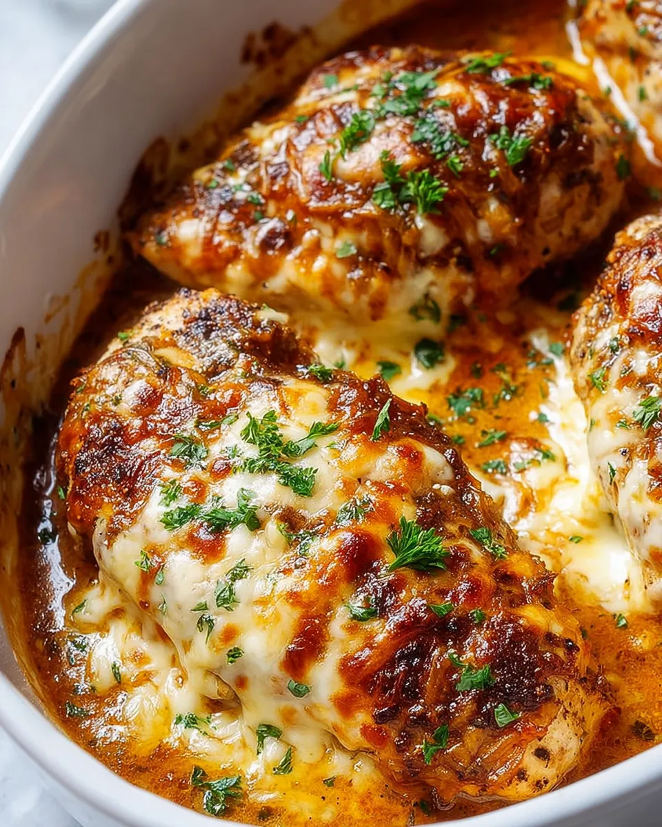 French onion chicken breast in a bowl.