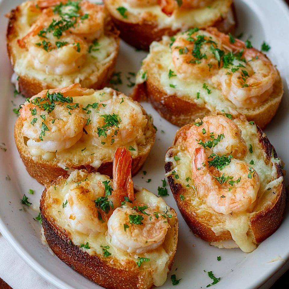 A plate of garlic bread with shrimp and cheese.
