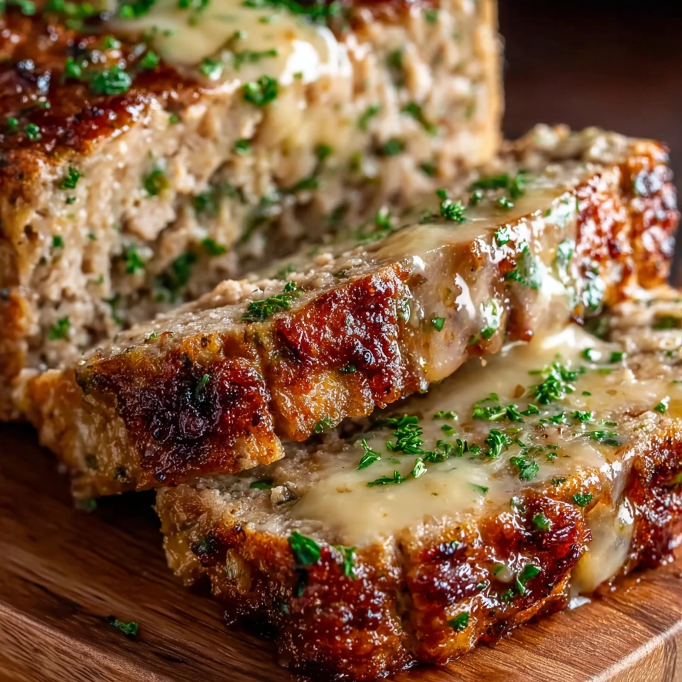 A slice of garlic parmesan chicken meatloaf.