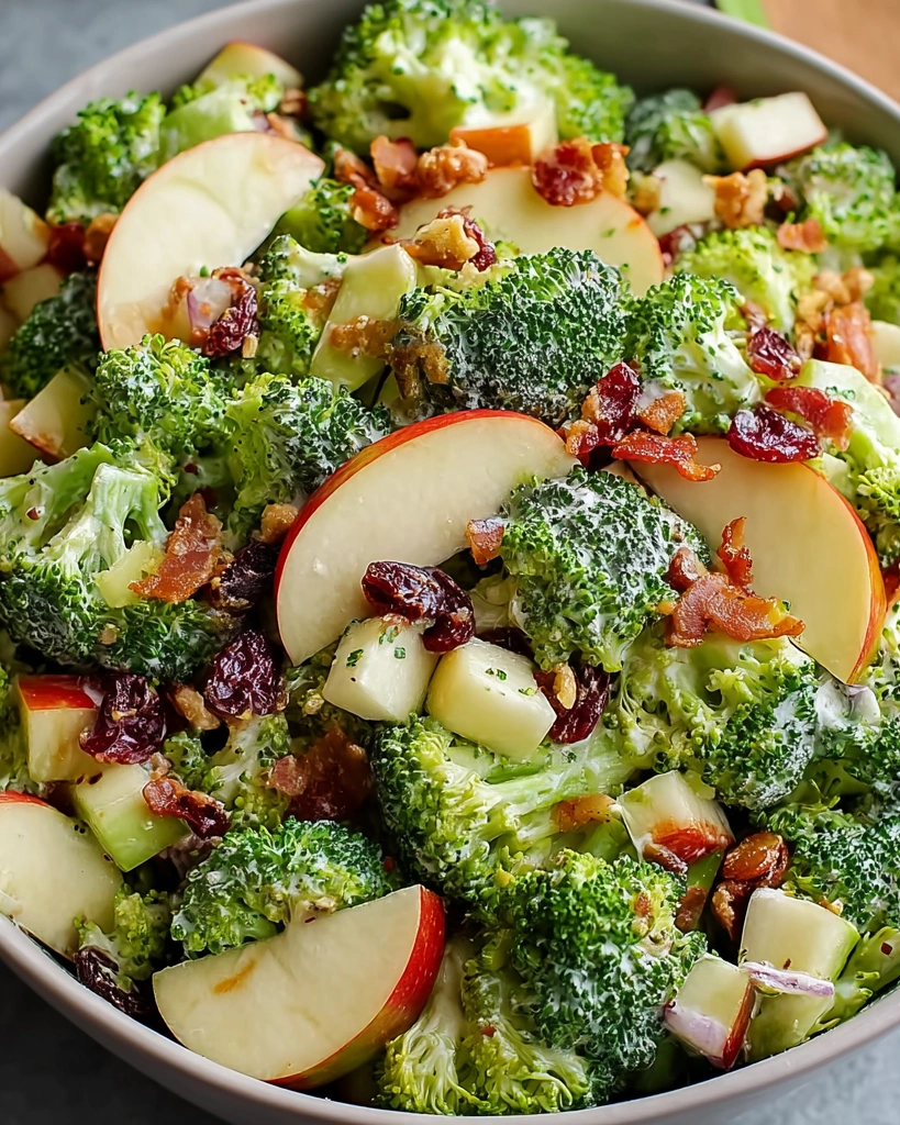 A salad with broccoli and apples.
