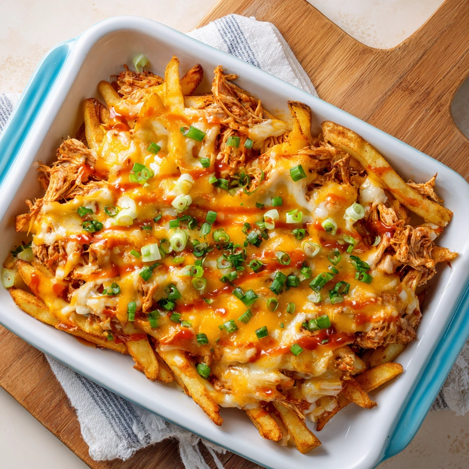 A dish of loaded cheese fries with BBQ pulled beef.