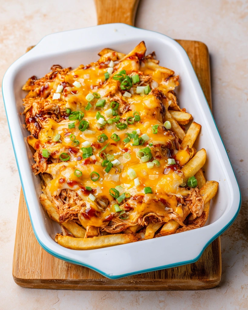 A white bowl filled with BBQ Pulled Beef and cheese fries.