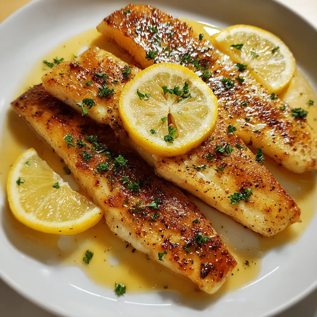 Lemon butter fish fillet on a white plate.