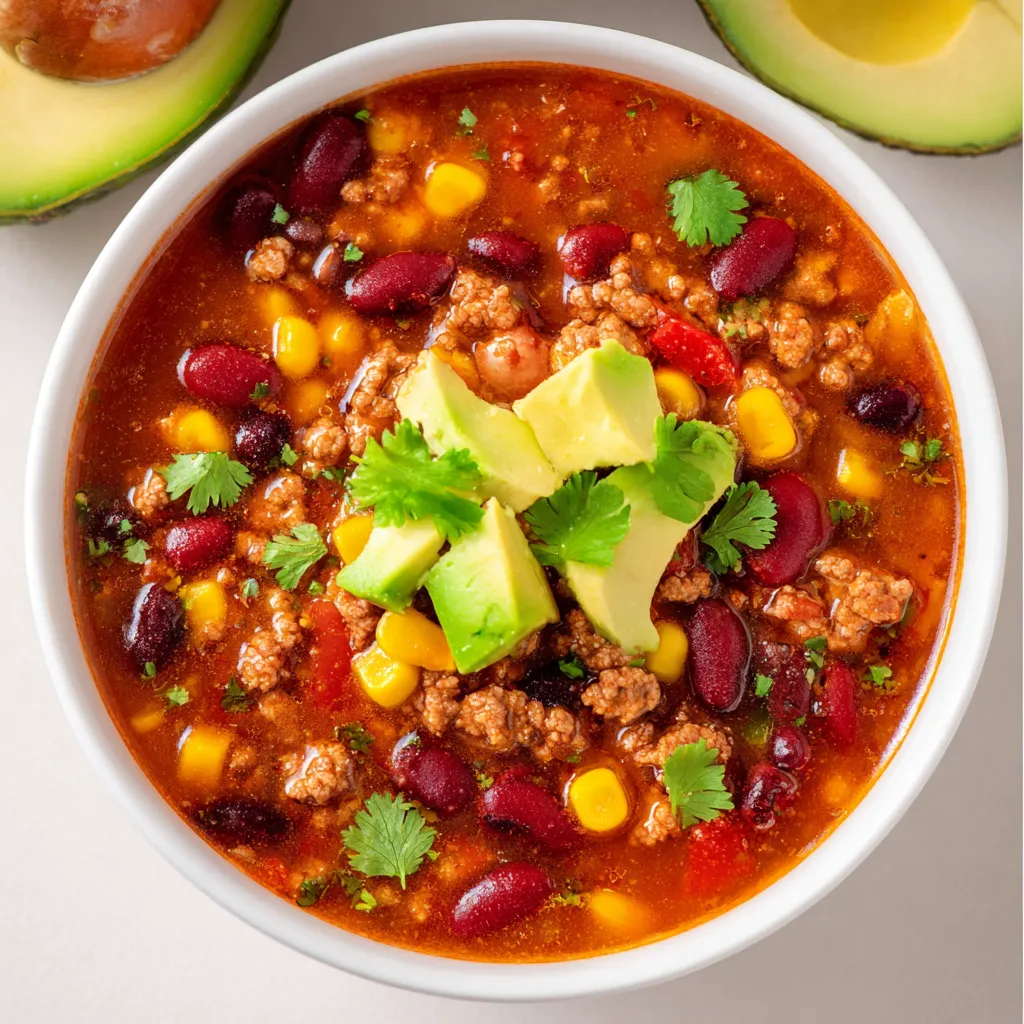 A bowl of soup with meat, beans, and avocado.