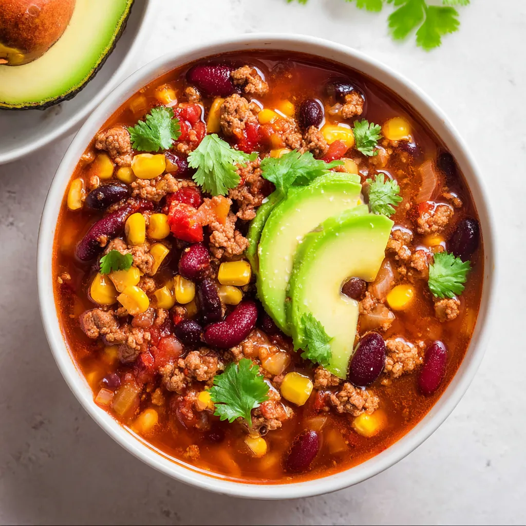 A bowl of soup with meat, beans, and avocado.