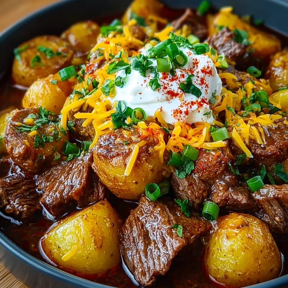 A bowl of steak and potatoes.