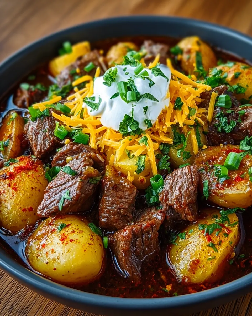 A bowl of steak and potatoes.